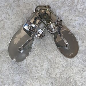 Rebecca Minkoff silver mirror T strap sandals